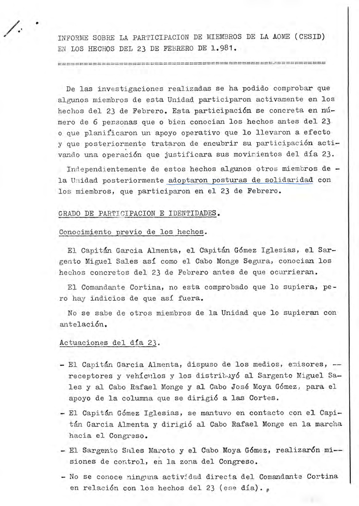 Informe sobre la implicación de la AOME en el golpe del 23 de febrero de 1981